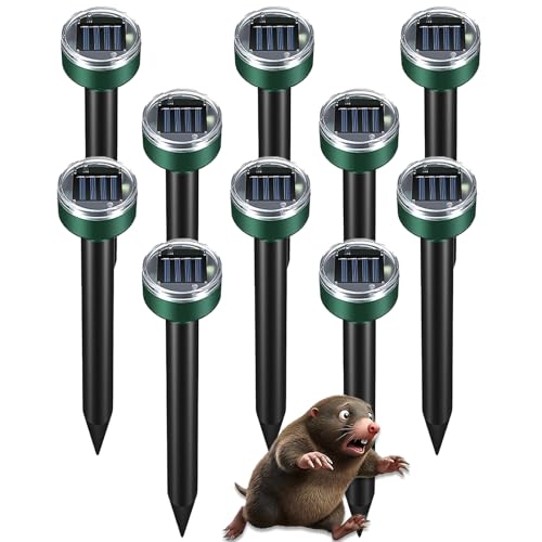 Mole Repellent 10 Pack Animal Repeller Solar Powered Snake Ultrasonic Gopher Deterrent Outdoor Waterproof Vole Vibration Stakes Sonic Spike for Rodent Groundhog Snake Chipmunk