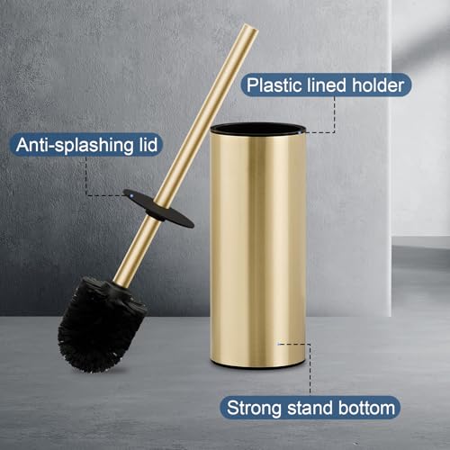 Image of Toilet Brush and Holder Set, NEWRAIN 304 Stainless Steel Toilet Brush with Long Brush Handle, Brushed Gold Toilet Scrubber and Covered Holder, Round Design Sturdy and Space Saving, Covered Brush