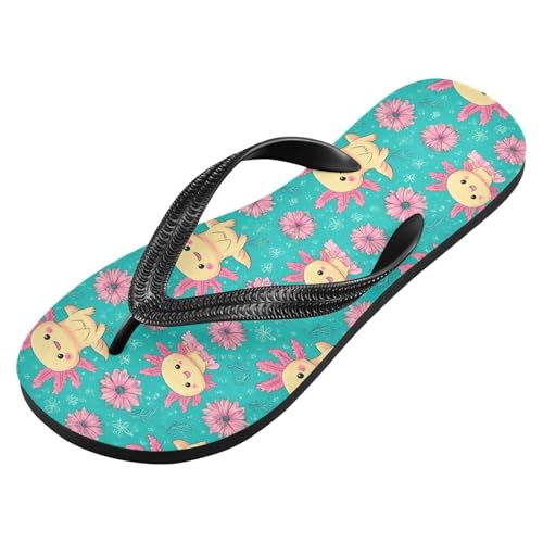 ALAZA Axolotl Flower Flip Flops for Women Fashion Beach Slippers Comfort Mens Flip Flops Non-Slip Rubber Shower Slippers Sandal for Hotel Travel Sport,XS2