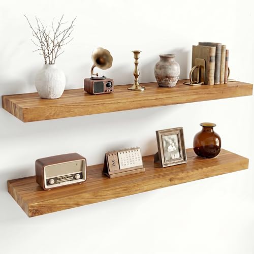 Image of Dreamland Rustic Elm Woood Floating Shelves for Wall Decor, 32 inch W x 8 inch D x 1.5 inch H Floating Shelves Set of 2, Wall Mounted Deep Wooden Shelf for Living Room, Bedroom, Kitchen, Bathroom, Natural