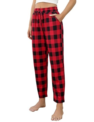 Schlafanzughose Damen Lang Schlafanzug Pyjamahose Nachtwäsche Freizeithose Karierte Schlafhose mit Taschen und Kordelzug Rot Schwarz Gitter L Cover