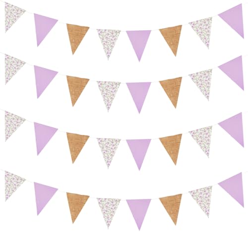 Image of Zwiebeco 39Ft Purple Floral Fabric Pennant Banner Vintage Burlap Triangle Flag Retro Flower Bunting Party Decoration for Birthday Engagement Wedding Bridal Baby Shower Rustic Village Home Garden Decor