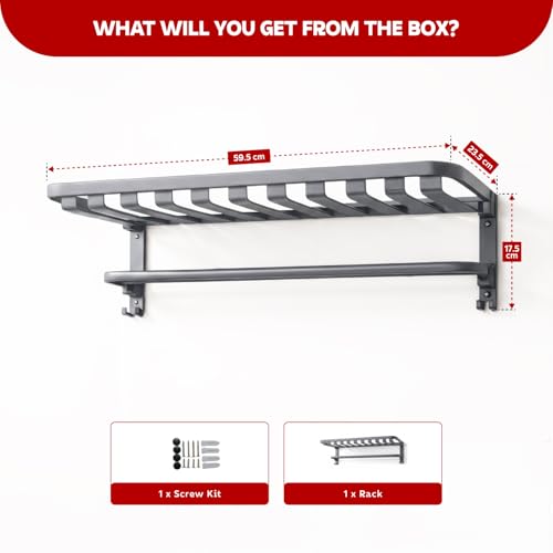 Image of Amazon Basics Foldable 24 Inch Towel Rack for Bathroom - Wall Mounted Space-Saving Aluminum Towel Holder with Double Tier Shelf, Rod & Hooks - Rustproof Bathroom Accessories