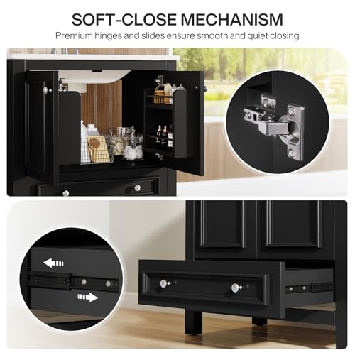 Image of Tribesigns 30 inch Bathroom Vanity with Sink, Freestanding Bathroom Vanities Cabinet with Ceramic Basin Combo, Bathroom Sink Cabinet with 2 Doors and 1 Drawer, Solid Wooden Frame (Black, 30 INCH)