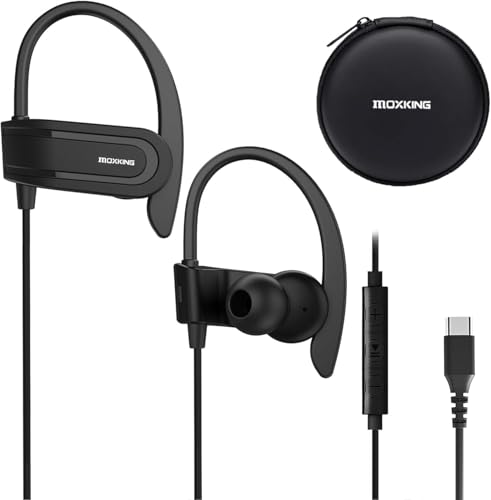 Wired USB C Headphones for iPhone, iPad, Google and Other USB C Android Phones, Type C Earbuds with Over Ear Hook, Microphone, Volume Control and Earphones Case for Sports Running