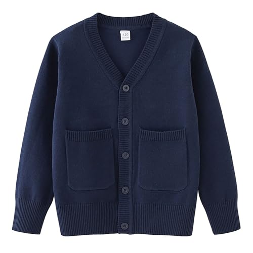 Girls V-Neck Cardigan with Pocket Solid Color Casual Knit Coat Kids Boys Long Sleeve Sweater Cardigan for School