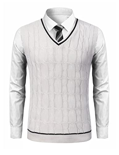 Turetrendy Men's V Neck Sweater Vest Casual Cable Knit Slim Fit Sleeveless Pullover Sweater With Ribbing Edge White X-Large #TOP11