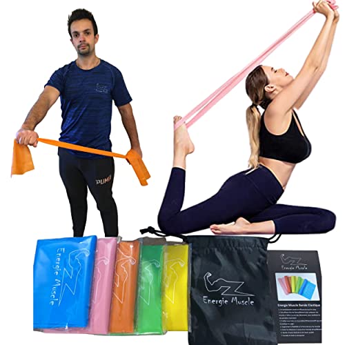 Set de 5 Bandes Elastiques de Sport pour Musculation Fitness Pilates Yoga Rééducation s’échauffer s’étirer Faire du Sport à la Maison + Sac de Rangement + livret d’Exercices Cover