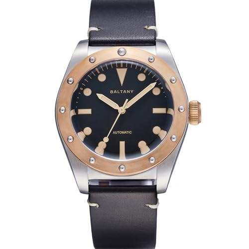 Baltany B4030 Bronze Watches for Men Vintage Wristwatch NH38 Movement Stainless Steel 40mm Automatic Watch (Black Dial)