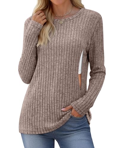Yearntown Women Nursing Shirt Breastfeeding Long Sleeve Top Ribbed Thermal Sweater with Hidden...