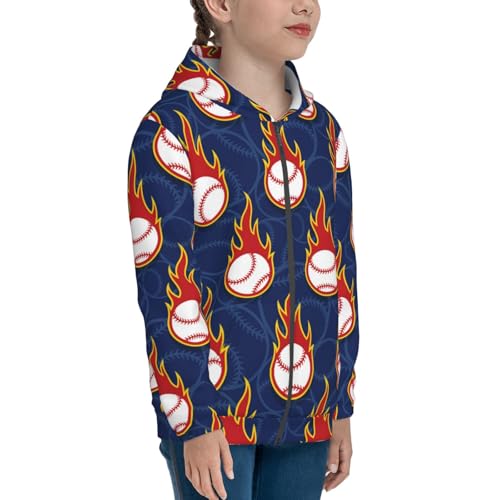 Baseball Ball and Flames Kids Pullover Hoodies Boys Zip Up Sweatshirts Girls Athletic Clothes with Pocket4
