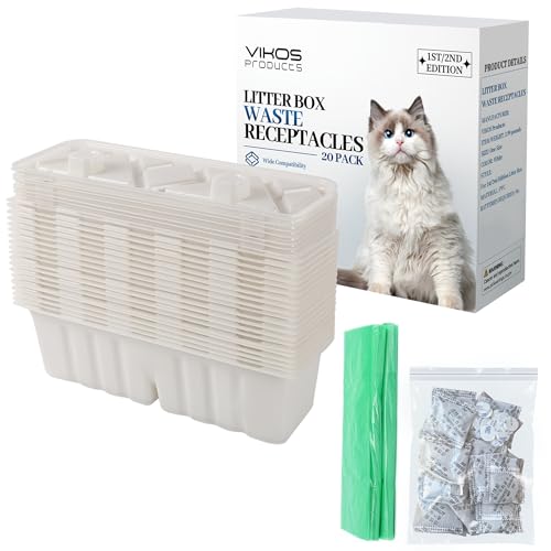 VIKOS Products 20-Pack Disposable Litter Box Waste Receptacles Compatible with Littermaid Waste Receptacles Fits 1St/2nd Edition Automatic Cat Litter Box Come with 20pcs Liners & 20pcs Carbon Filters