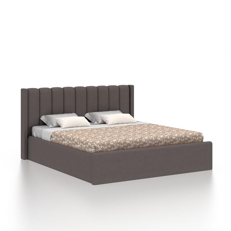 Image of Ganpati Arts Sheesham Wood Emperor Upholstered King Size Bed with Box Storage | Durable Wooden Double Bed Cot Palang with Tufted Headboard for Bedroom, Living Room, Hotel and Home Furniture (Grey)