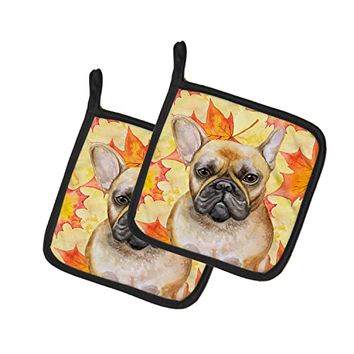 Caroline's Treasures BB9949PTHD French Bulldog Fall Pair of Pot Holders, Yellow Kitchen Heat Resistant Pot Holders Sets Oven Hot Pads for Cooking Baking BBQ, 7 1/2 x 7 1/2