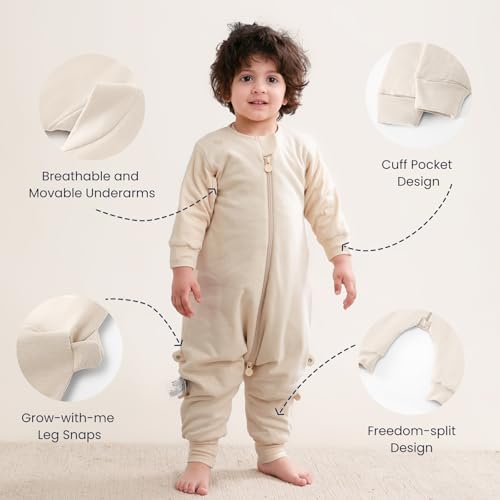 Image of kaiya baby Organic Cotton Sleep Sack with Feet,1.0 TOG Sleep Bag,18-36M | Safe Sleep Design, CPSC Tested, GOTS Certified, Organic Cotton & Camel Wool Filling, Temp Sensing Sticker, Two-Way Zipper