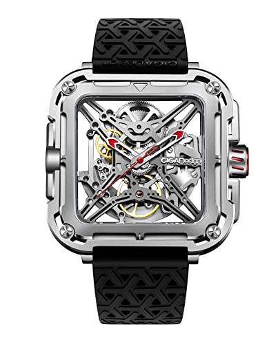 CIGA Design Montre Homme Automatique – Série X SUV, Mécanique Squelette, Acier Inoxydable, Verre Saphir, Bracelet Silicone(Argent)