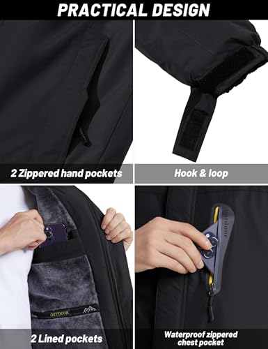 TACVASEN Herren Wasserdicht Winter Skijacke Warme Snowboardjacke Outdoorjacke Gefüttert Winterjacke (XXL, Schwarz)