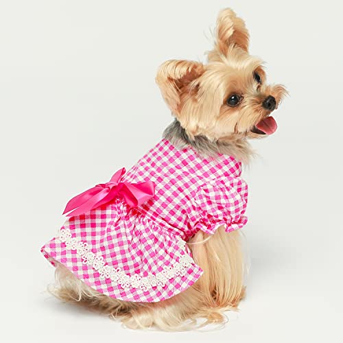 Fitwarm Gingham Dog Dress With Puff Sleeve, Plaid Summer Dog Clothes For Small Dogs Girl, Pet Cat Outfit, Hot Pink, Size Small #TOP6