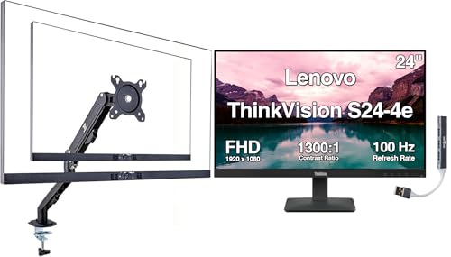 Image of Lenovo ThinkVision S24-4e 24 inch FHD IPS Monitor with 4ms Response Time, 100 Hz Refresh Rate, Flicker Free, VESA Mount (100mm), HDMI, Black (64B5KAT1UZ) w /DKZ Hub & ErgoFlexy Single Mount Arm