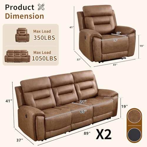 Image of ANJ 3-Piece Faux Leather Power Recliner Sofa Set with USB&Type-C Charging Ports, Include Single Large Recliner Chair and 2 3-Seater Reclining Couches for Living Room, Brown