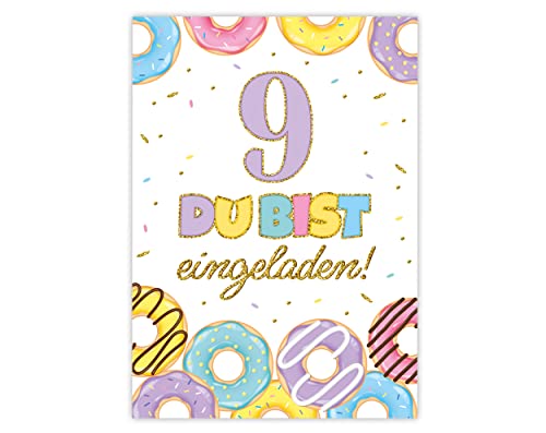 Minkocards 12 Einladungskarten zum neunten Kindergeburtstag 9. Geburtstag Mädchen Donuts Einladungen zum Geburtstag Kinder bunte Geburtstagseinladungen