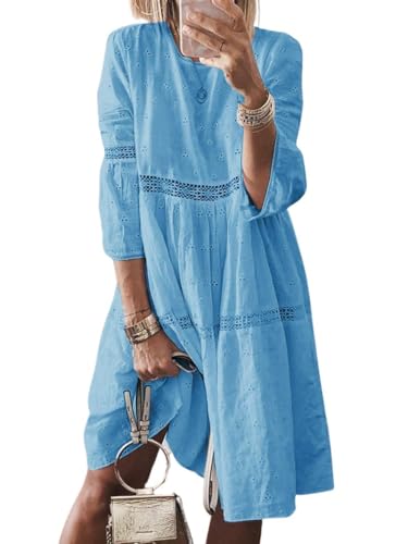 Image of utcoco Womens Lace Eyelet Embroidery Dresses 3 /4 Trumpet Sleeve Crochet Spliced A Line Flowy Boho Midi Dress