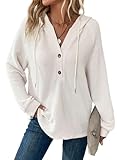 Dokotoo Hoodies for Women Oversized Waffle Knit Teacher Outfits for Women Drawstring Button V Neck Long Sleeve Casual Lightweight Sweatshirt Hooded Early Fall Fashion Clothes 2025 White Medium