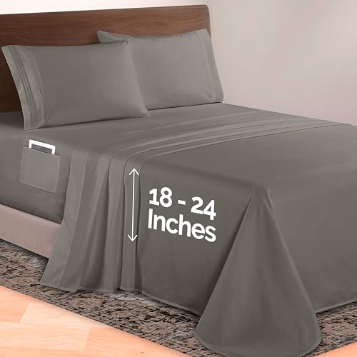 Image of Elegant Comfort Luxurious 1500 Premium Hotel Quality Microfiber 4-Piece Sheet Set, 18-24 Inches Deep - Extra Deep Pocket Sheets - Ultra Soft 4PC Deep Pocket Sheets, California King, Gray
