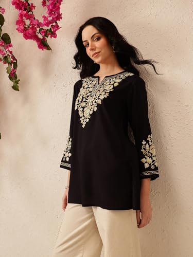 Image of QAZMI Women's Jasmine Kashimiri Aari Embroidered Viscose Rayon A-Line Flared Short Kurti