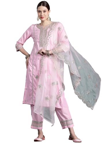 Image of INDO ERA Womens Silk Blend Embroidered Straight Kurta Pant Dupatta Set (KH9BP6006)