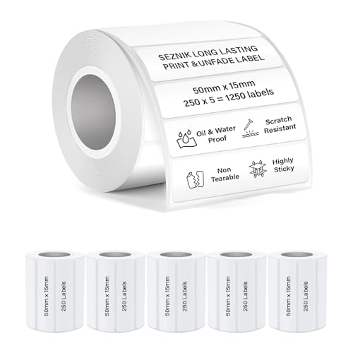 Image of SEZNIK Waterproof, Non-Tearable, Sticky Thermal Lables, Label Roll, 2 inch Adhesive Thermal Labels for Label Printers (50mmx15mm - 1250 Lables), 1250 Labels