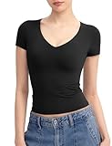 PUMIEY V Neck T Shirts for Women Short Sleeve Sexy Going Out Tops Double Lined Top Basic Tee Shirt, Jet Black Medium
