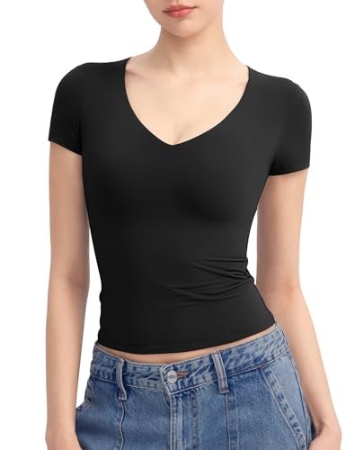 PUMIEY V Neck T Shirts for Women Short Sleeve Sexy Going Out Tops Double Lined Top Basic Tee Shirt, Jet Black Medium