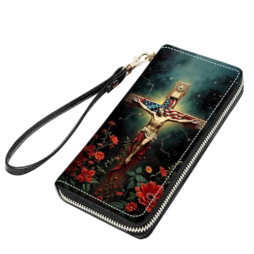 Christian Holy Cross Jesus Print Women Large Capacity PU Leather Zip Around Wallet, Multifunctional Clutch Purse for Cash/Card/Coin/Smart Phone