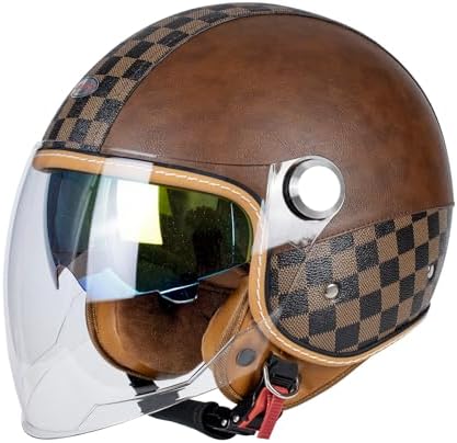QUICKOOL Dual Visor 3/4 Open Face Motorcycle Helmet for Men & Women, DOT Approved Unisex Retro Half Helmet,Motorbike Casco for Moped Cruiser Bobber and Chopper (Long Outer Shield-Brown,M)