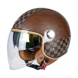 QUICKOOL Dual Visor 3/4 Open Face Motorcycle Helmet for Men & Women, DOT Approved Unisex Retro Half Helmet，Motorbike Casco for Moped Cruiser Bobber and Chopper (Long Outer Shield-Brown,M)