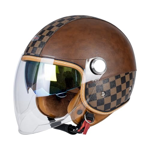 Dual Visor 3/4 Open Face Motorcycle Helmet for Men & Women, DOT Approved Unisex Retro Half Helmet，Motorbike Casco for Moped Cruiser Bobber and Chopper Long Outer Shield-Brown Medium