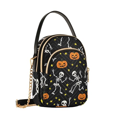 Woman Shoulder Handbag Artistic Cell Phone Purse Chain Strap Quilted Zipper Designer Bowler Tote Halloween Funny Skeletons Black2