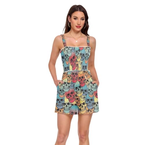 Mameluco de esqueleto fruncido para mujer con shorts holgados de estilo vintage negro