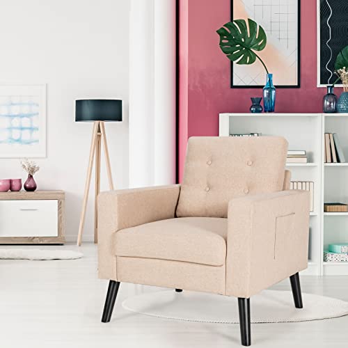 Giantex Set Of 2 Modern Accent Chair, Mid-Century Upholstered Armchair Club Chair With Rubber Wood Legs, Linen Fabric Single Sofa For Living Room Bedroom Office (2, Beige) #TOP7