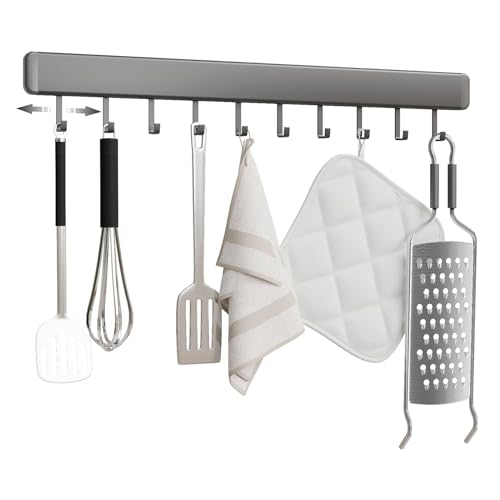 HMAKGG Patère de cuisine sans perçage - 50 cm - Autocollant avec 10 crochets mobiles - Barre de suspension en aluminium pour ustensiles de cuisine - Gris