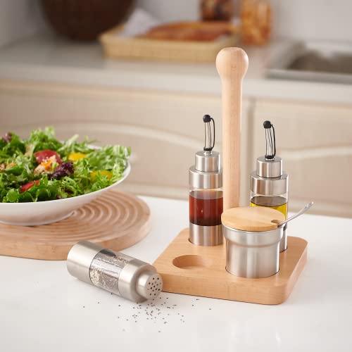 Kimikata Cruet Set – 5Pcs Stainless Steel & Plastic Oil Vinegar Salt Pepper Condiment Dispensers Set, Wood Caddy Organizer Storage Stand, Jar With Spoon For Spices, Sauces, Condiment Storage #TOP7