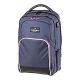 Hochwertiger, funktioneller Rucksack im futuristischen Design für Schule, Uni und Büro mit 3 Reißverschluss-Fächern, USB Ladeanschluss, stabilem Trage-Griff und Aufhänge-Schlaufe, in Blau-Ivy-Rosa, Maße ca. 30 x 22 x 48 cm