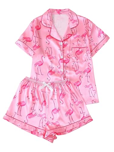 Image of SHENHE Women's 2 Piece Satin Pajama Set Leopard Short Sleeve Button Down Pj Shorts Set