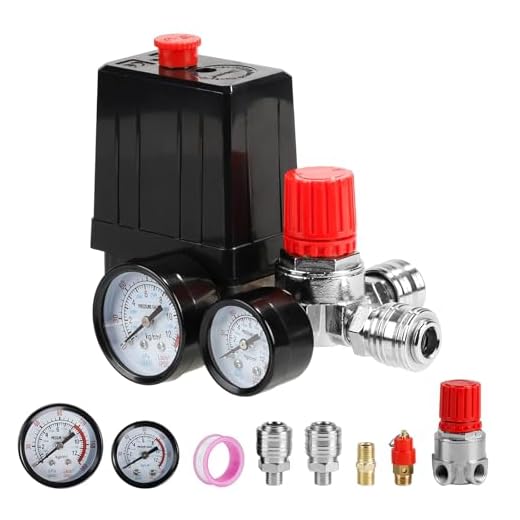 SWAWIS 220V Presostato Compresor 4 Agujeros Aire Interruptor de Presión Válvula para Compresor de Aire con Manómetro Válvula de Seguridad Acoplamientos, 90-120PSI