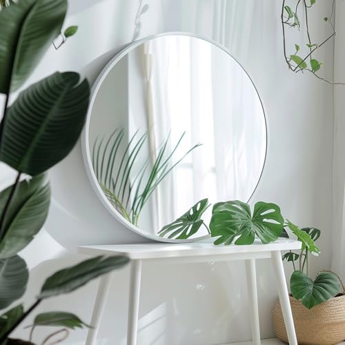 Image of Sunniry White Round Mirror 30 inch, Large Round Mirror, Bathroom Mirror Matte Metal Frame, Circle Mirrors for Living Room, Bathroom, Wall, Hallway.