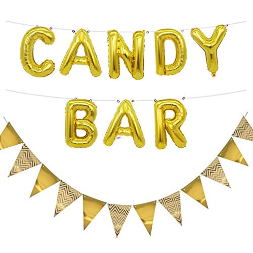 Ouceanwin Candy Bar Gold Dekoration Set, Folienballon Candy Bar Buchstaben Luftballons und 12pcs Glitter Wimpel Girlande Banner für Hochzeit Party Weihnachten Geburtstag Deco Event Supplies Cover
