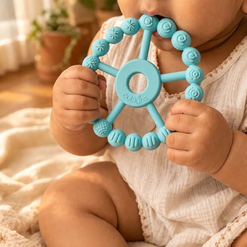 Image of Cubkins Silicone Ring Teether for Babies 3-12 Months | BIS Certified, BPA Free, Food Grade | Teething Ring for Soothing Gums | Zero Plastic | Easy Grip Baby Teething Toy (Java Banana)