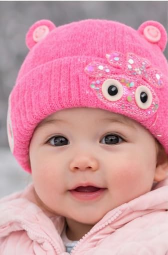 Lekshika Baby Winter Woolen Cap with Cute Ears | Soft Warm Knitted Baby Cap with Cartoon Patch | Infant & Toddler Cold Protection Cap (Pink) 1