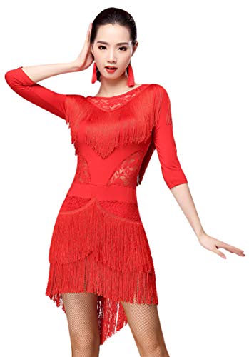 ZX Women's Latin Dance Dress Lace Neck 1/2 Sleeve High Low Fringe Salsa Tango Cha Cha Rumba Ballroom Dance Dress (Tag L, Red)